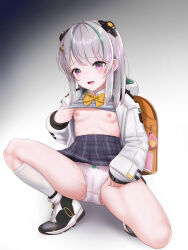  1girl absurdres admi_(nikke) backpack bag black_skirt blush bow bowtie breasts clothes_lift collared_shirt full_body goddess_of_victory:_nikke gradient_background green_hair grey_sweater highres jacket medium_hair multicolored_hair nipples on_one_knee open_mouth panties pink_eyes pleated_skirt randoseru shirt shirt_lift shoes skirt small_breasts sneakers socks solo squatting streaked_hair sweater sweater_lift underwear white_hair white_jacket white_panties white_shirt white_socks yellow_bow yellow_bowtie yonban 