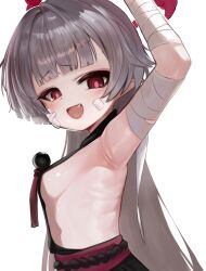 1girl :d arm_up armpits bandaged_arm bandages blue_archive blush breasts dokomon fang from_side grey_hair halo highres licking licking_armpit long_hair looking_at_viewer looking_to_the_side open_mouth profile red_eyes shuro_(blue_archive) sideless_outfit simple_background small_breasts smile solo upper_body very_long_hair white_background rating:Sensitive score:96 user:danbooru