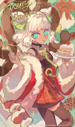  1girl blue_eyes bow cake cake_slice christmas coat collar commentary_request food fork fruit fur-trimmed_coat fur-trimmed_sleeves fur_trim hair_bow highres holding holding_fork holding_plate lace_sleeves leash medium_hair merry_christmas o-ring off_shoulder original pinecone plate santa_claus shirt skirt sleeveless sleeveless_shirt solo strawberry strawberry_shortcake thighhighs tongue tongue_out two_side_up ushinoki white_hair wreath 