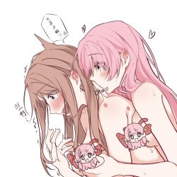  2girls bang_dream! bang_dream!_it&#039;s_mygo!!!!! bite_mark bite_mark_on_shoulder blue_eyes blush breast_press brown_hair censored character_censor chihaya_anon commentary_request completely_nude ear_blush grabbing grabbing_another&#039;s_breast grabbing_from_behind heart hickey highres long_hair multiple_girls nagasaki_soyo novelty_censor nude open_mouth pink_hair simple_background speech_bubble translation_request trembling upper_body white_background yeyep0911 yuri 