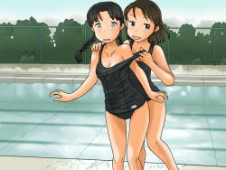 2girls awatake_takahiro bare_shoulders black_hair blush braid breasts brown_hair cleavage female_focus long_hair multiple_girls one-piece_swimsuit open_mouth school_swimsuit smile swimsuit twin_braids twintails undressing  rating:Questionable score:17 user:Xiaolan