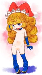  1girl blonde_hair blue_choker blue_eyes blue_footwear blue_gloves blush charlotte_(seiken_densetsu_3) choker cleft_of_venus commentary_request curly_hair female_focus flat_chest full_body gloves hat highres jester_cap loli long_hair looking_at_viewer nipples nude open_mouth red_hat seiken_densetsu seiken_densetsu_3 smile solo standing teeth teruki_kuma upper_teeth_only  rating:Explicit score:78 user:danbooru