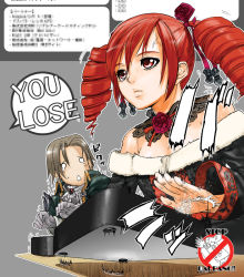 1boy 1girl :&lt; age_difference amy_sorel angry arcade_stick ashiomi_masato bare_shoulders breasts choker cleavage controller father_and_daughter flower fur_trim game_controller gloves gothic_lolita grey_hair joystick lolita_fashion namco playing_games raphael_sorel red_eyes red_hair rose scared simple_background soul_calibur soulcalibur soulcalibur_iv tears twintails veins white_gloves rating:Sensitive score:33 user:danbooru