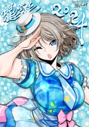 1girl alternate_breast_size blue_eyes breasts costume earrings grey_hair hat highres huge_breasts idol jewelry looking_at_viewer love_live! love_live!_sunshine!! one_eye_closed open_mouth salute short_hair watanabe_you wink