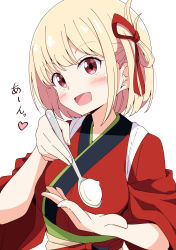  1girl :d absurdres aikawa_ryou blonde_hair blush commentary feeding highres holding holding_spoon japanese_clothes kimono looking_at_viewer lycoris_recoil nishikigi_chisato obi open_mouth red_eyes red_kimono sash short_sleeves simple_background smile solo spoon tasuki translated upper_body white_background wide_sleeves 