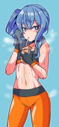 1girl adapted_costume aikohgin apple_juice black_gloves blue_background blue_eyes blue_hair cowboy_shot crop_top drinking_straw drying exercising flat_chest gloves highres hololive hoshimachi_suisei hoshimachi_suisei_(streetwear) juice juice_box long_hair looking_at_viewer pants partially_fingerless_gloves side_ponytail sidelocks solo steam sweat towel towel_around_neck tsurime virtual_youtuber wavy_hair yoga_pants rating:Sensitive score:30 user:danbooru