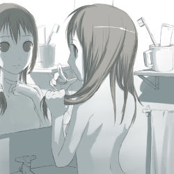 1girl artistic_error bad_reflection bathroom empty_eyes female_focus long_hair mirror monochrome muted_color nude original reflection solo topless_frame uni_(plastic_girl) upper_body wrong_hand rating:Questionable score:5 user:danbooru