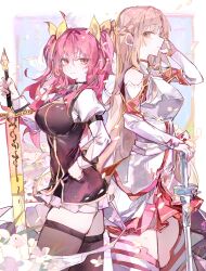  2girls absurdres adjusting_hair armor asuna_(sao) back-to-back black_thighhighs braid breastplate breasts brown_eyes brown_hair closed_mouth cocoballking commentary_request commission crossover detached_sleeves falling_petals french_braid hair_between_eyes hair_ribbon highres holding holding_sword holding_weapon knights_of_blood_uniform_(sao) lambent_light large_breasts long_hair long_sleeves looking_at_viewer multiple_girls petals pixiv_commission planted planted_sword planted_weapon pleated_skirt rakudai_kishi_no_cavalry rapier red_eyes red_hair red_skirt ribbon simple_background skirt smile stella_vermillion sword sword_art_online thighhighs two_side_up very_long_hair weapon white_armor white_thighhighs yellow_ribbon 