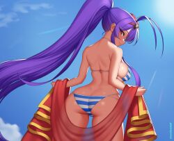 1girl antenna_hair ass back bare_shoulders bikini blazblue blue_sky breasts butt_crack closed_mouth cowboy_shot day eyewear_on_head from_behind heart heart-shaped_eyewear holding holding_towel kuroonehalf large_breasts long_hair looking_back mai_natsume nape outdoors ponytail profile red_eyes shoulder_blades sideboob sidelocks skindentation sky smile striped_bikini striped_clothes sun sunglasses swimsuit towel very_long_hair