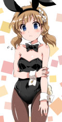  1girl ahoge animal_ears black_bow black_bowtie black_leotard black_pantyhose blue_eyes blush bow bowtie breasts brown_hair closed_mouth collarbone commentary_request cowboy_shot detached_collar fake_animal_ears fake_tail flower flying_sweatdrops hair_flower hair_ornament idolmaster idolmaster_million_live! leotard medium_hair official_alternate_hairstyle pantyhose rabbit_ears rabbit_tail short_twintails small_breasts solo suou_momoko tail thighs train_90 twintails wavy_hair white_background wrist_cuffs 