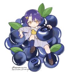  1boy aged_down animated blazer blue_hair blue_socks blueberry brown_footwear child collared_shirt dr._ratio_(honkai:_star_rail) english_text food formal frown fruit grey_jacket grey_shorts grey_suit grey_vest hair_ornament honkai:_star_rail honkai_(series) jacket knee_up kneehighs leaf_hair_ornament loafers long_sleeves looking_at_viewer looping_animation lying male_focus mini_person miniboy on_back orange_eyes rubber_duck sakanomachico shirt shoes shorts simple_background socks solo suit three-piece_suit twitter_username vest white_background white_shirt 