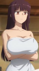  1girl arms_under_breasts breasts cleavage cropped hime_cut ijiranaide_nagatoro-san large_breasts long_hair naked_towel purple_hair red_eyes screencap shiny_skin solo standing stitched sunomiya_sana third-party_edit towel upper_body  rating:Questionable score:220 user:Larper_
