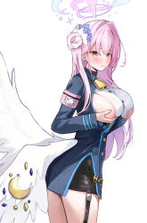  1girl absurdres ako_(blue_archive) ako_(blue_archive)_(cosplay) alternate_costume bell black_garter_straps black_skirt blue_archive blue_jacket blush breast_hold breasts commentary cosplay dana_(hapong07) feathered_wings garter_straps hair_bun halo highres jacket large_breasts long_hair looking_at_viewer looking_to_the_side mika_(blue_archive) miniskirt neck_bell pink_armband pink_hair shirt sideboob sideless_shirt simple_background single_side_bun skirt solo sweatdrop very_long_hair white_background white_shirt white_wings wings 