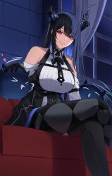  &gt;_&lt; 1girl absurdres asymmetrical_horns bare_shoulders black_hair blue_hair breasts chantu_irasu closed_mouth colored_inner_hair crossed_legs demon_horns gloves hair_ornament highres hololive hololive_english horns jailbird_(nerissa_ravencroft) large_breasts long_hair looking_at_viewer mole mole_under_eye multicolored_hair nerissa_ravencroft nerissa_ravencroft_(1st_costume) night night_sky petting red_eyes sky smile solo thighhighs two-tone_hair uneven_horns very_long_hair virtual_youtuber window  rating:General score:3 user:danbooru