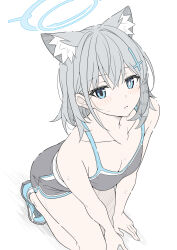  1girl alternate_costume animal_ear_fluff animal_ears armpit_crease bare_shoulders black_shorts black_sports_bra blue_archive blue_eyes blue_footwear blue_halo blush breasts bright_pupils cleavage closed_mouth commentary cross cross_hair_ornament extra_ears from_above grey_hair hair_between_eyes hair_ornament halo highres inverted_cross looking_at_viewer masabodo medium_breasts mismatched_pupils shiroko_(blue_archive) short_hair shorts simple_background solo sports_bra squatting sweat white_background white_pupils wolf_ears wolf_girl 