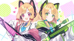  2girls animal_ear_headphones animal_ears aqua_bow battle_rifle blonde_hair blue_archive blue_necktie bow cat_ear_headphones cat_ears closed_mouth commentary_request dated fake_animal_ears green_eyes green_halo gun h&amp;k_g3 hair_bow halo headphones heart highres jacket jacket_partially_removed long_sleeves looking_at_viewer low-tied_sidelocks matori_(penguin_batake) medium_hair midori_(blue_archive) momoi_(blue_archive) multiple_girls necktie open_mouth parted_bangs pink_eyes pink_halo red_bow rifle scope siblings signature sisters sleeves_past_fingers sleeves_past_wrists teeth twins twitter_username upper_body upper_teeth_only weapon white_jacket 