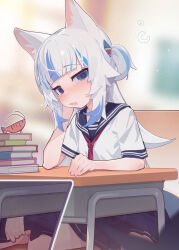  ahedtra animal_ear_fluff animal_ears blue_eyes blue_hair blue_sailor_collar blue_skirt blunt_bangs blurry blurry_background blush book book_stack cat_ears cleft_of_venus clothes_lift desk exhibitionism fins fish_tail flashing gawr_gura gluteal_fold hair_ornament head_rest highres hololive hololive_english holomyth lifted_by_self looking_at_viewer multicolored_hair neckerchief no_panties open_mouth pleated_skirt presenting_pussy public_indecency pussy red_neckerchief sailor_collar school_desk school_uniform serafuku shark_girl shark_hair_ornament shark_tail short_sleeves sidelocks sitting skirt skirt_lift streaked_hair tail thighs two-tone_hair two_side_up uncensored white_hair white_serafuku  rating:Explicit score:106 user:lazycatx64