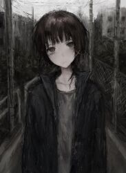  1girl breasts chan8016 closed_mouth expressionless hairband highres iwakura_lain jacket long_sleeves looking_at_viewer monochrome open_clothes open_jacket outdoors serial_experiments_lain short_hair small_breasts solo standing upper_body  rating:General score:10 user:danbooru