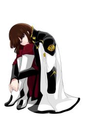  1girl brown_hair clothes_over_shoulder fetal_position gundam gundam_seed gundam_seed_freedom hugging_own_legs knees_to_chest knees_up long_hair looking_at_viewer mikami_xsx military military_uniform open_mouth purple_eyes red_uniform shiho_hahnenfuss shoes sitting solo uniform white_footwear white_uniform zaft_uniform 