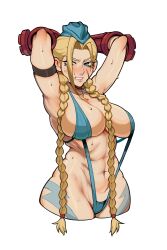  1girl abs absurdres adapted_costume annoyed arm_strap armpits arms_behind_head arms_up blonde_hair blue_eyes blue_hat blue_one-piece_swimsuit blush body_markings bojinko braid breasts cammy_white capcom clenched_teeth cowboy_shot embarrassed eyebrows eyelashes female_focus gloves hat highres large_breasts lips long_hair looking_afar looking_to_the_side low_twin_braids muscular muscular_female navel nose_blush one-piece_swimsuit parted_lips red_gloves revealing_clothes scar scar_on_face simple_background slingshot_swimsuit solo standing street_fighter street_fighter_zero_(series) sweat swimsuit teeth twin_braids very_long_hair white_background wide_hips  rating:Questionable score:46 user:danbooru