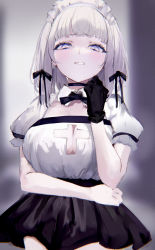  1girl absurdres black_gloves black_ribbon black_skirt breasts cleavage_cutout clothing_cutout collared_shirt commentary disgust english_commentary gloves hair_ribbon hand_on_own_hip hand_up highres large_breasts looking_at_viewer maid_headdress medium_hair mile_(off8mile) miniskirt original puffy_short_sleeves puffy_sleeves purple_eyes ribbon shirt short_sleeves single_glove skirt solo white_hair white_shirt  rating:Sensitive score:22 user:danbooru