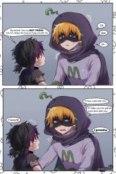  1boy 1girl 2koma age_difference black_cape black_hair blonde_hair blue_eyes brother_and_sister cape child comic english_text hair_between_eyes highres hood karen_mccormick kayo_(skc08049) kenny_mccormick multicolored_hair mysterion purple_hair siblings south_park south_park:_the_fractured_but_whole speech_bubble streaked_hair sweatdrop yellow_eyes 