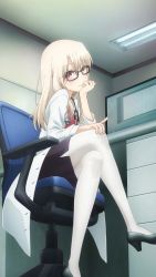  1girl cosplay crossed_legs fate/kaleid_liner_prisma_illya fate_(series) female_focus glasses high_heels highres illyasviel_von_einzbern looking_at_viewer miniskirt nurse official_art pantyhose seductive_smile shoes skirt smile solo thighs white_pantyhose  rating:General score:37 user:luccior
