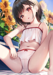  1girl bare_arms bare_legs bare_shoulders barefoot black_hair blue_sky bow bow_panties breasts camisole collarbone commentary_request day feet_out_of_frame female_focus flower head_tilt highres loli looking_at_viewer navel original outdoors panties parted_lips red_eyes revision sky small_breasts solo sunflower underwear underwear_only white_camisole white_panties yan_(nicknikg) yellow_flower  rating:Questionable score:193 user:danbooru