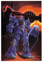  1970s_(style) 1980s_(style) absurdres aircraft desert dusk gaw gouf gundam highres looking_at_viewer mecha mobile_suit mobile_suit_gundam no_humans official_art oldschool one-eyed ookawara_kunio painting_(medium) red_eyes retro_artstyle robot scan science_fiction shield shoulder_spikes spikes thrusters traditional_media whip 