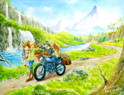  2boys artist_name bad_id bad_pixiv_id black_hair blonde_hair blue_sky boots closed_eyes cloud day denim gloves grass horse jeans knee_boots locked_arms male_focus motor_vehicle motorcycle mountain multiple_boys nature open_mouth original outdoors painting_(medium) pants plaid plaid_shirt riding river road rock scenery shirt short_hair short_sleeves sky sleeping_bag sleeves_rolled_up smile sugihara_akira traditional_media tree walking water watercolor_(medium) waterfall 