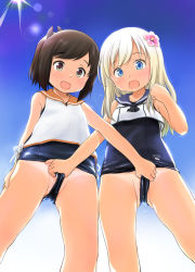 10s 2girls blonde_hair blue_eyes brown_eyes brown_hair clothes_pull commentary_request crop_top flower from_below groin hair_flower hair_ornament i-401_(kancolle) kantai_collection loli looking_down multiple_girls one-piece_swimsuit one-piece_swimsuit_pull one-piece_tan open_mouth ponytail pussy pussy_peek ro-500_(kancolle) sailor_collar school_swimsuit short_ponytail smile swimsuit swimsuit_under_clothes tan tanline wancho rating:Explicit score:103 user:danbooru