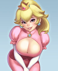  1girl bad_id bad_pixiv_id bent_over blonde_hair blue_eyes breasts cleavage cleavage_cutout clothing_cutout crown dress earrings elbow_gloves eyelashes eyeliner eyeshadow female_focus gloves gradient_background jewelry large_breasts leaning_forward lips looking_at_viewer makeup maou_alba mario_(series) mini_crown nintendo parted_lips pink_dress princess_peach puffy_sleeves simple_background smile solo v_arms white_gloves  rating:Sensitive score:186 user:danbooru