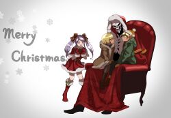  2boys 2girls ainz_ooal_gown aura_bella_fiora beanie belt black_belt blonde_hair blunt_bangs boots bow brown_footwear brown_jacket brown_mittens buckle capelet chair christmas closed_eyes commentary_request dark_elf dress elf envy full_body fur-trimmed_capelet fur-trimmed_dress fur-trimmed_jacket fur-trimmed_mittens fur-trimmed_robe fur_trim green_bow green_jacket hair_bow hands_up hat heart heart-shaped_buckle hood hooded_jacket hooded_robe jacket knee_boots lich long_hair mare_bello_fiore masiro merry_christmas mittens multiple_boys multiple_girls multiple_hair_bows no_socks open_mouth overlord_(maruyama) pointy_ears pom_pom_(clothes) pom_pom_beanie purple_hair red_bow red_capelet red_dress red_eyes red_footwear red_mittens red_robe robe santa_costume santa_dress shalltear_bloodfallen short_hair siblings sidelocks simple_background sitting sitting_on_lap sitting_on_person skeleton snowflake_print snowflakes standing striped striped_bow throne trap twins twintails two-tone_bow vampire white_background yellow_headwear yellow_mittens 
