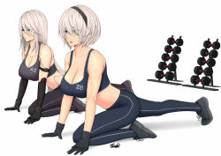 2girls android black_footwear black_headband black_pants blue_eyes blue_pants breasts determined exercising expressionless headband large_breasts long_hair mole mole_under_mouth multiple_girls nier_(series) nier:automata pants ryu_seung shoes short_hair sneakers thighs weights white_background white_hair yoga_pants 2b_(nier:automata) a2_(nier:automata) rating:Sensitive score:66 user:danbooru