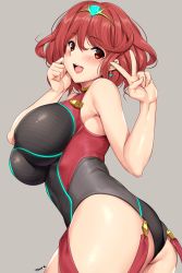 1girl ass black_one-piece_swimsuit blush breasts competition_swimsuit earrings grey_background hand_gesture highres hip_focus jewelry large_breasts looking_at_viewer nintendo one-piece_swimsuit open_mouth pyra_(pro_swimmer)_(xenoblade) pyra_(xenoblade) red_eyes red_hair red_one-piece_swimsuit short_hair sidelocks simple_background smile solo swept_bangs swimsuit tiara tony_guisado two-tone_swimsuit v xenoblade_chronicles_(series) xenoblade_chronicles_2 rating:Sensitive score:69 user:danbooru