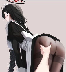  1girl 1other alternate_costume apron ass back_bow bent_over black_dress black_footwear black_hair blue_archive bow breasts clothes_lift commentary_request dress dress_lift enmaided hair_ornament halo highres large_breasts long_braid long_hair maid maid_apron maid_headdress meme pantyhose rio_(blue_archive) solo_focus thighband_pantyhose trembling very_long_hair white_apron white_bow yamikyon 