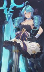 1girl absurdres ahoge artist_name asymmetrical_legwear black_bow black_dress black_gloves blue_eyes blue_hair bow breasts collarbone detached_sleeves dress drill_hair feet_out_of_frame frilled_dress frills gloves gwen_(league_of_legends) hair_bow hand_on_own_hip hand_up heterochromia highres holding holding_scissors large_breasts league_of_legends long_hair looking_at_viewer mismatched_legwear oversized_object parted_lips plaid_thighhighs red_eyes redsteak scissors solo strapless strapless_dress striped_clothes striped_thighhighs teeth thighhighs twin_drills twintails white_dress rating:Sensitive score:3 user:danbooru