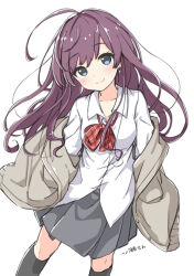  1girl :d ahoge blue_eyes blush bow bowtie breasts character_name closed_mouth collar collarbone collared_shirt cowboy_shot dot_nose eyelashes grey_shirt head_tilt ichinose_shiki idolmaster idolmaster_cinderella_girls kneehighs kuresuku_(lessons) long_hair long_sleeves looking_at_viewer loose_bowtie messy_hair off_shoulder open_mouth parted_bangs plaid plaid_bow plaid_bowtie pleated_skirt purple_hair red_bow red_bowtie school_uniform shirt simple_background skirt small_breasts smile socks solo straight_hair sweater thighhighs wavy_hair white_background white_collar white_shirt zettai_ryouiki 