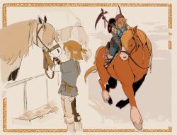  1boy blonde_hair blue_shirt champion&#039;s_tunic_(zelda) commentary eclrr english_commentary highres holding holding_shield holding_weapon horse horseback_riding link male_focus multiple_views nintendo pointy_ears ponytail riding shield shirt short_ponytail sidelocks smile the_legend_of_zelda the_legend_of_zelda:_breath_of_the_wild the_legend_of_zelda:_tears_of_the_kingdom weapon 