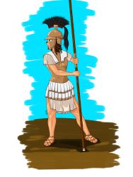  1girl absurdres ancient_greek_clothes armor brown_hair greco-roman_clothes green_eyes highres muscular muscular_female original polearm simple_background spear thighs weapon  rating:General score:1 user:Tereutes32