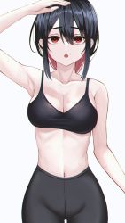 1girl :o absurdres arm_up armpits bare_arms bare_shoulders black_bra black_hair bra breasts cleavage collarbone cowboy_shot groin hair_between_eyes high-waist_pants highres large_breasts long_hair looking_at_viewer michelan midriff mole mole_under_eye multicolored_hair navel open_mouth original pants red_eyes sidelocks simple_background solo spaghetti_strap stomach sweat two-tone_hair underwear white_background yoga_pants rating:Sensitive score:55 user:danbooru