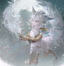  1girl animal_ears animal_nose armor bikini_armor blue_eyes closed_mouth commentary_request dinah_(unicorn_overlord) floating_hair fox_ears fox_girl fox_tail furry furry_female gauntlets gold_armor highres holding holding_polearm holding_weapon looking_at_viewer noir_(ibaraki) pauldrons polearm shoulder_armor solo spear tail unicorn_overlord wavy_hair weapon white_fur white_hair  rating:Sensitive score:4 user:danbooru