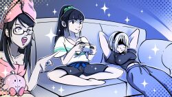 2b_(nier:automata) 3girls :d alternate_costume arms_behind_head barefoot bayonetta bayonetta_(series) black_blindfold black_hair black_hairband black_shorts blindfold blue_background blue_pants breasts commentary controller couch crossover english_commentary eve_(stellar_blade) game_controller glasses hairband highres holding holding_controller holding_game_controller indian_style large_breasts long_hair midriff mole mole_under_mouth multiple_girls navel on_couch open_mouth pants playing_games pointing ponytail pownchao reclining shirt short_sleeves shorts sitting smile sparkle stellar_blade sweatpants towel towel_on_head white_hair white_shirt  rating:Sensitive score:17 user:danbooru