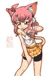  1girl :p ahoge animal_ears bike_shorts borrowed_character cat_ears cat_tail clothes_lift cowboy_shot eroneko-san leg_hold lifted_by_tail looking_at_viewer midriff original outstretched_arm pink_hair pleated_skirt red_eyes short_hair shorts shorts_under_skirt simple_background skirt skirt_lift solo sterndorf strap_slip tail tail_raised tank_top tongue tongue_out white_background 