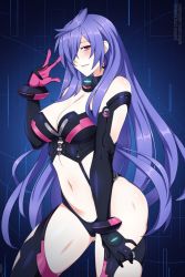  1girl arm_up breasts choker cleavage dominatrix earrings elbow_gloves gloves hand_on_thigh iris_heart jewelry kami_jigen_game_neptune_v large_breasts lindaroze long_hair looking_at_viewer navel neptune_(series) one_eye_covered parted_lips patreon_username pink_eyes purple_hair revealing_clothes signature solo stomach thighhighs thighs twitter_username  rating:Sensitive score:60 user:danbooru