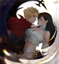  1boy 1girl absurdres angel_wings azezazel bare_shoulders black_hair black_wings blonde_hair blue_eyes breasts chest_guard claws cleavage cloak cloud_strife commentary couple cowboy_shot crop_top demon_wings earrings english_commentary feather_earrings feathered_wings feathers final_fantasy final_fantasy_vii final_fantasy_vii_ever_crisis fingerless_gloves frilled_shirt frills from_side gloves hand_on_another&#039;s_thigh hand_on_own_hip highres jewelry kingdom_hearts knee_up large_breasts long_hair looking_at_another midriff navel off-shoulder_shirt off_shoulder official_alternate_costume parted_lips profile red_cloak red_eyes shirt signature single_earring single_wing skirt smile spiked_hair thighhighs tifa_lockhart tifa_lockhart_(feather_style) upper_body white_feathers white_shirt white_skirt white_thighhighs white_wings wings 
