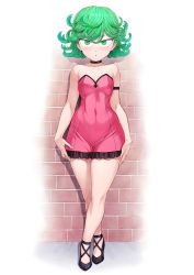  1girl arm_strap bad_id bad_twitter_id bare_shoulders black_footwear breasts brick_wall choker cleavage collarbone covered_navel curly_hair dress female_focus full_body green_eyes green_hair highres looking_at_viewer matching_hair/eyes mogudan one-punch_man parted_lips pink_dress short_eyebrows short_hair small_breasts solo standing strapless strapless_dress tatsumaki thighs  rating:Sensitive score:242 user:danbooru