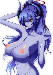  1girl asmodeus_(shinrabanshou) blue_hair breasts curvy demon_girl earrings female_focus horns jewelry large_breasts long_hair mature_female nipples nude puffy_nipples red_eyes ridai sagging_breasts shinrabanshou simple_background solo standing upper_body  rating:Questionable score:80 user:Xander