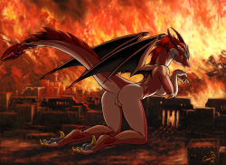  1girl ass breasts claws dr_comet dragon fire furry giant giantess highres horns looking_back pussy red_hair smile tail wings yellow_eyes  rating:Explicit score:61 user:Zogar