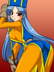  1girl ankoku_inu_shougun blue_hair bodysuit breasts cowboy_shot dragon_quest dragon_quest_iii full_body gloves hat large_breasts long_hair mitre priest_(dq3) red_eyes skin_tight solo tabard 